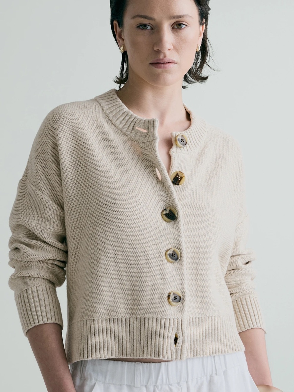 Quince 100% Organic Cotton Cropped Cardigan Speckled Beige Cement Marl Sweater
